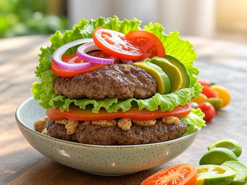 A colorful and healthy burger bowl with a juicy grilled patty, fresh lettuce, tomatoes, onions, pickles, avocado, and a drizzle of homemade sauce, served in a rustic bowl on a wooden table, showcasing a nutritious and customizable meal.