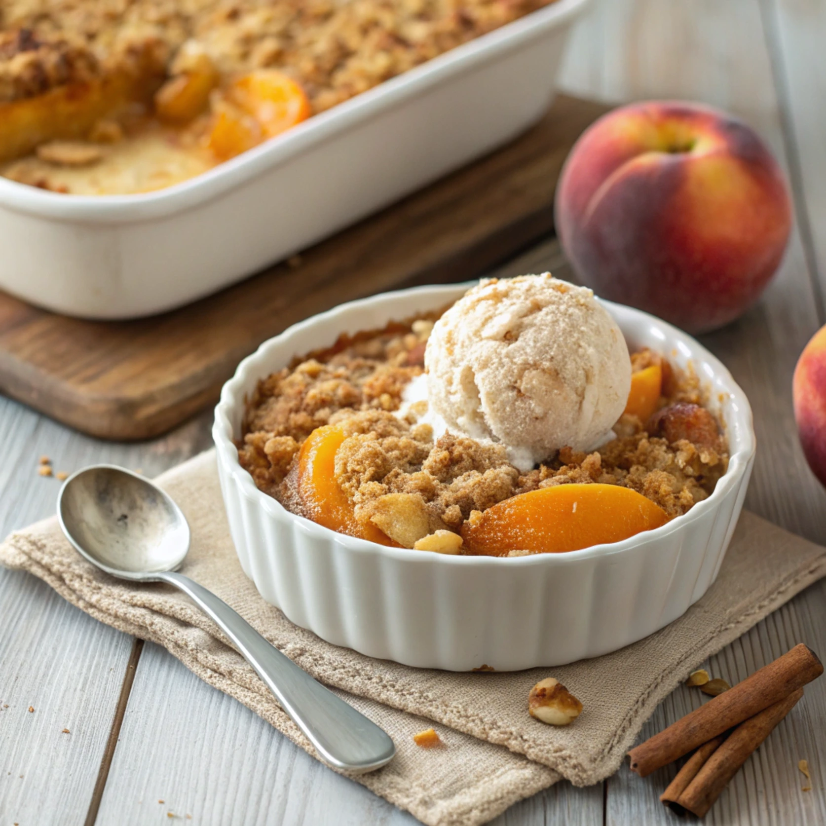 Delicious peach crisp with a golden, crispy topping and juicy peach filling, surrounded by fresh peaches and a rustic kitchen setting.