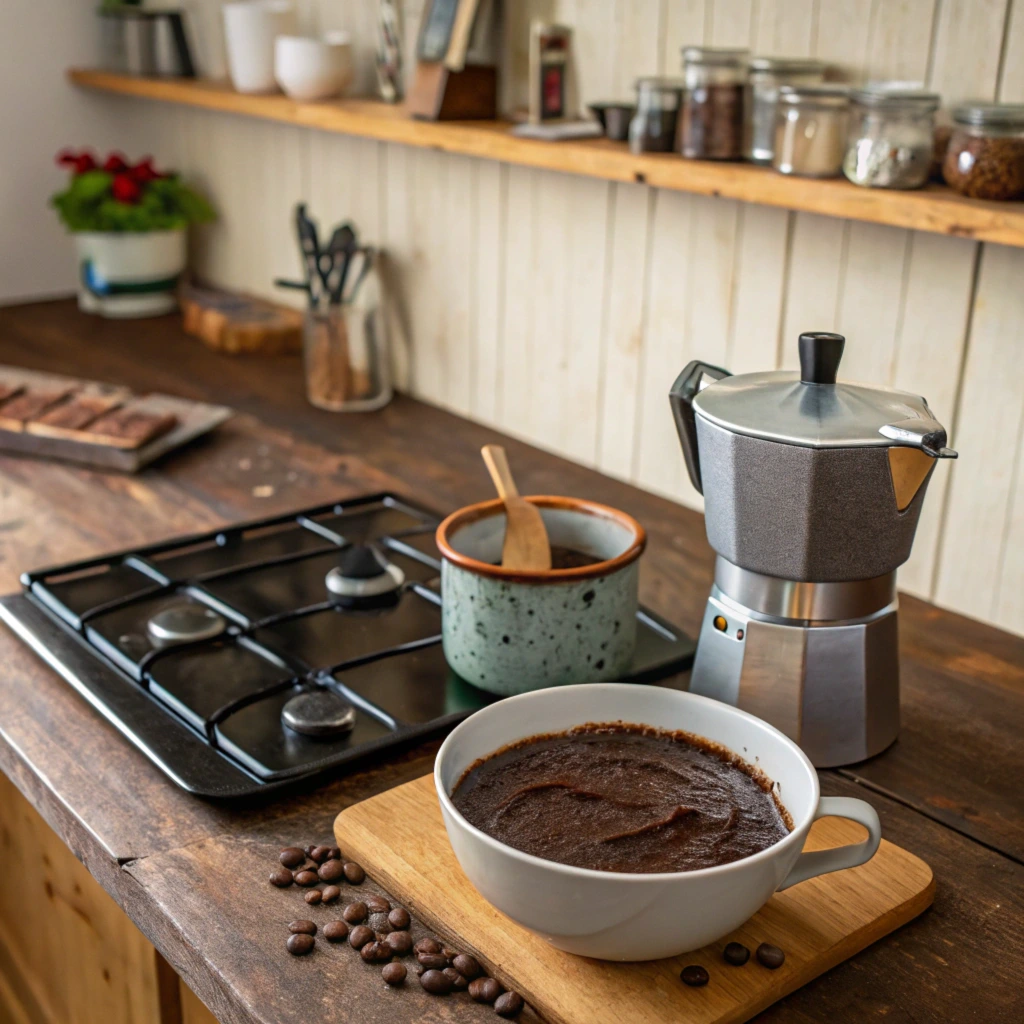 Step-by-step image of making coffee-infused brownies with brewed coffee being added to the brownie batter in a rustic kitchen.