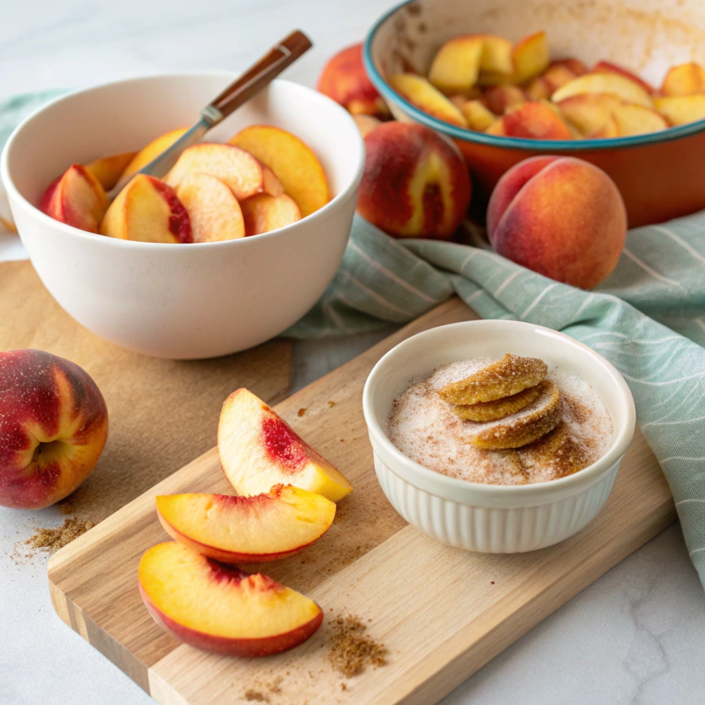 Delicious freshly baked peach crumble with a golden, crispy topping and juicy peach chunks in the filling, served on a white plate with a spoon beside it.