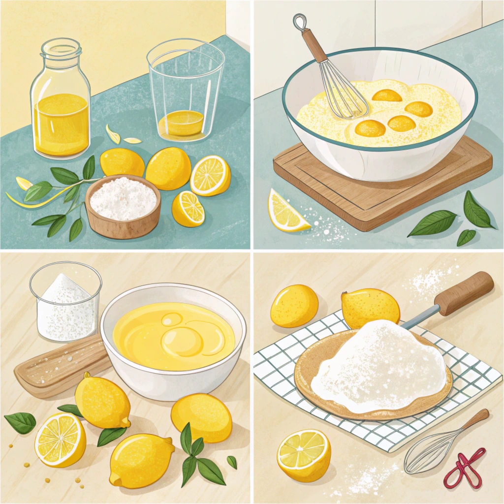 Step-by-step process of making lemon brownies, showing the mixing of ingredients with vibrant lemon slices, flour, and baking tools.