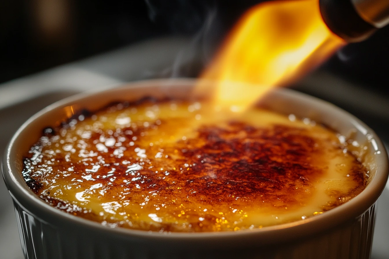 Crème brûlée being caramelized