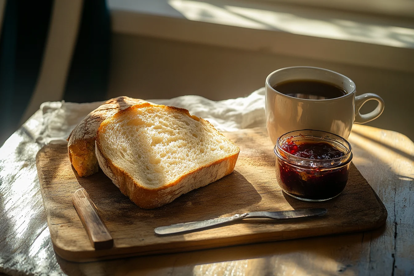 A morning breakfast scene with sourdough healthy bread