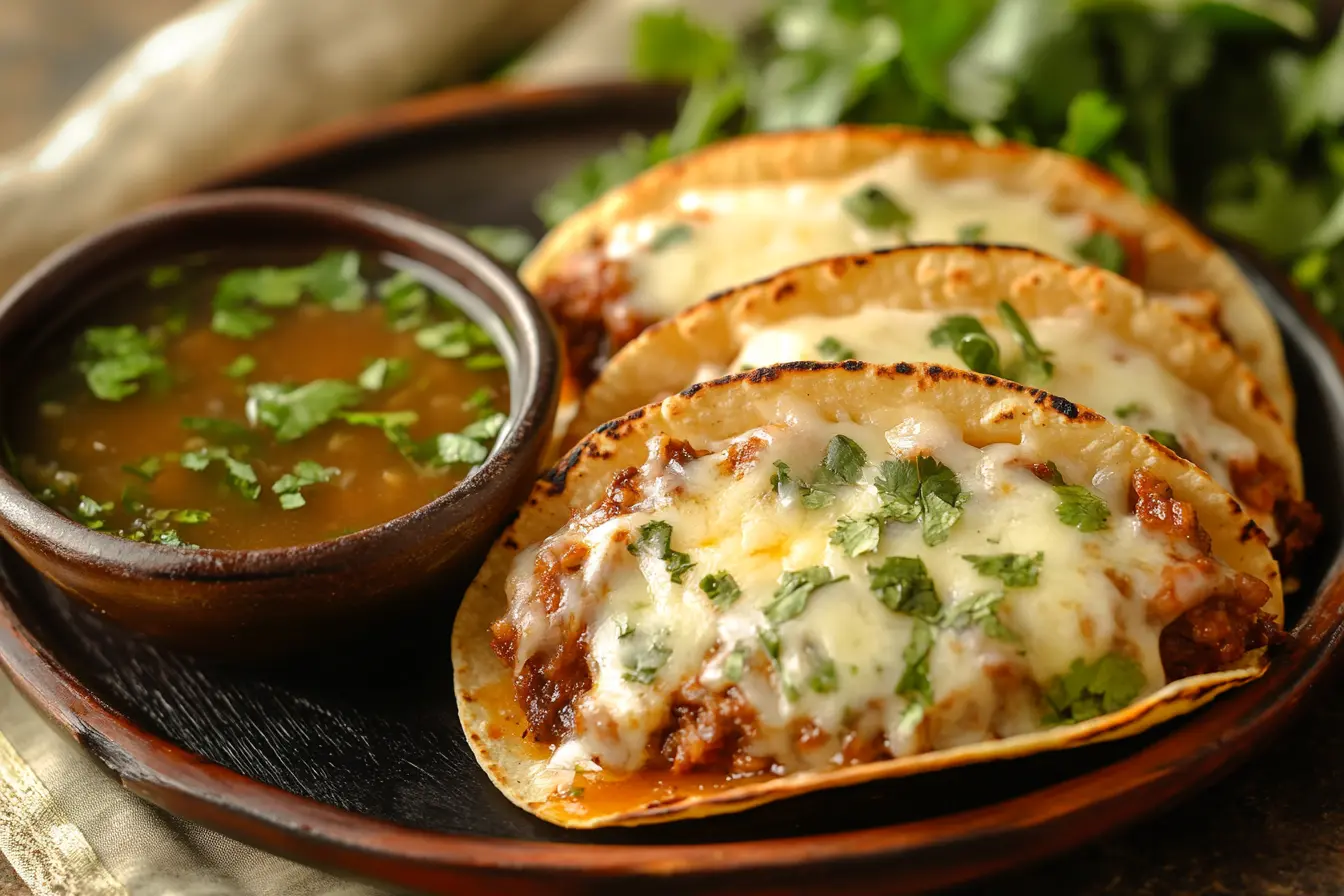 Three quesabirria tacos with dipping broth